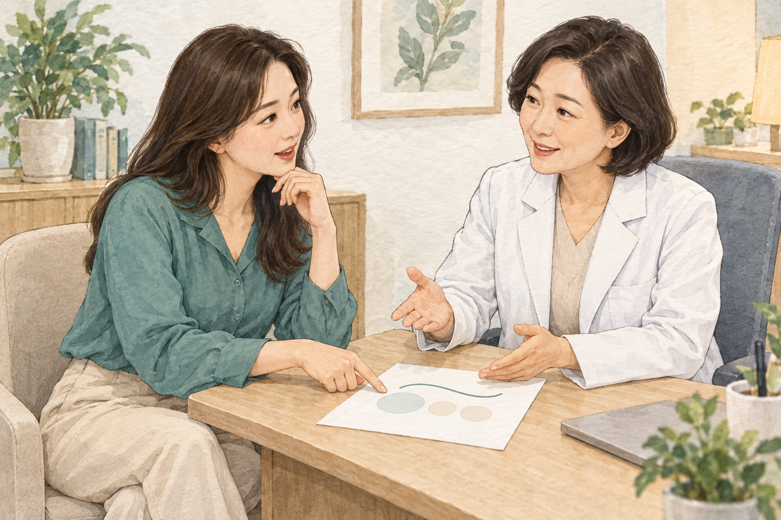 피부 탄력과 지방흡입 후 예상 변화의 개인차를 상담하는 설명용 일러스트