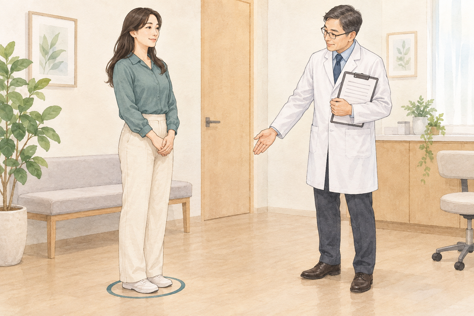 직접 방문해 체형과 자세를 확인하며 상담받는 설명용 일러스트