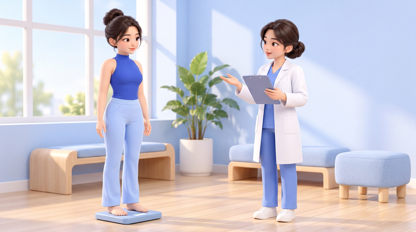 체형의 균형과 개인별 목표를 상담하는 3D 일러스트