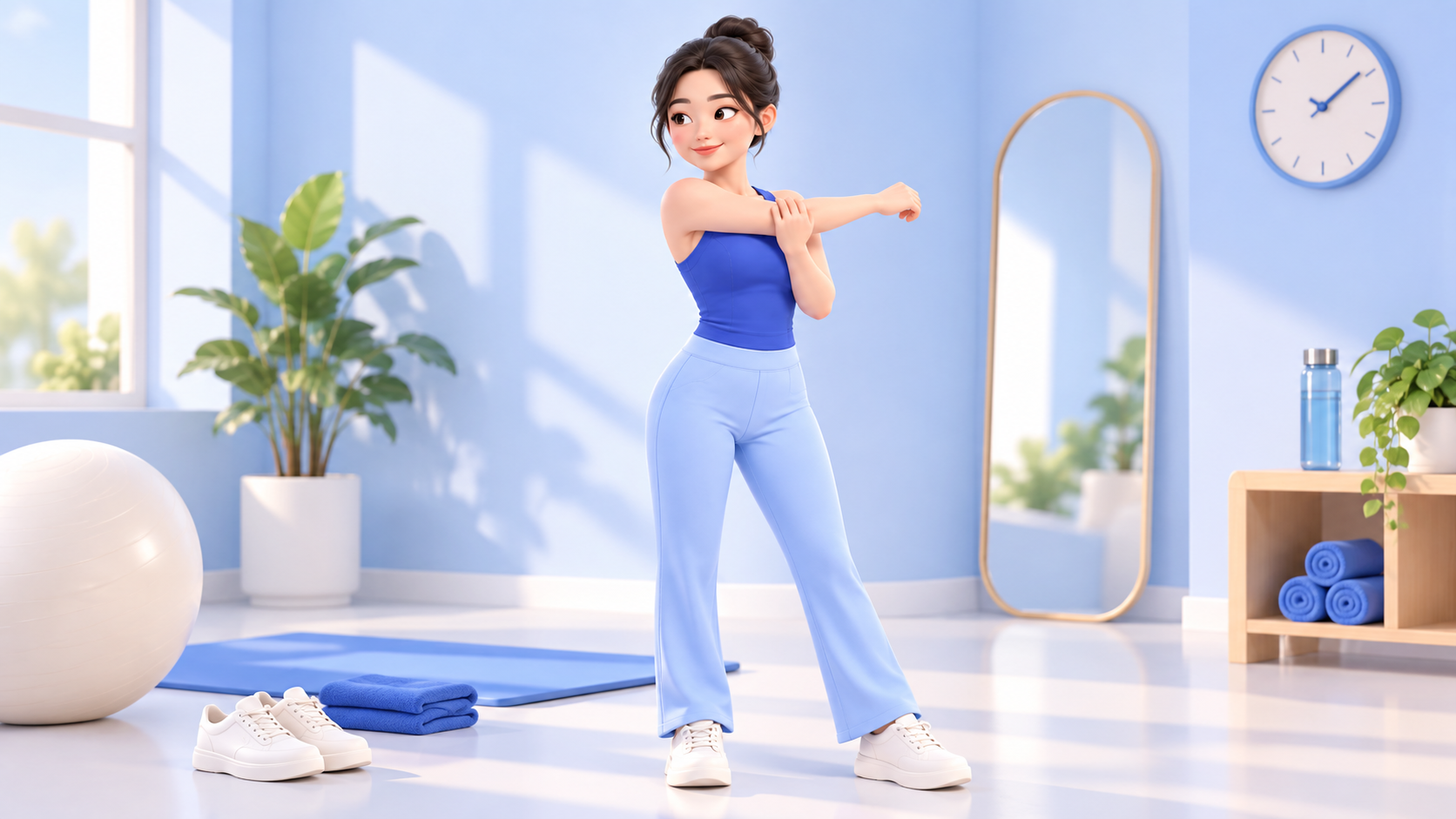 유방하수 지방흡입 후 가벼운 스트레칭으로 일상 복귀하는 모습 일러스트