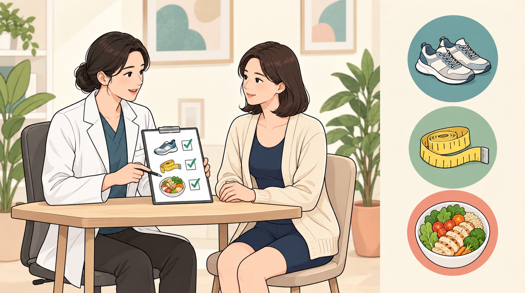 유방하수 지방흡입 후 운동과 체중 관리를 상담하는 일러스트