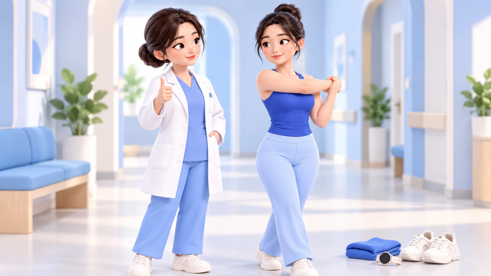 상담을 마치고 가벼운 스트레칭으로 일상 복귀를 준비하는 장면 일러스트