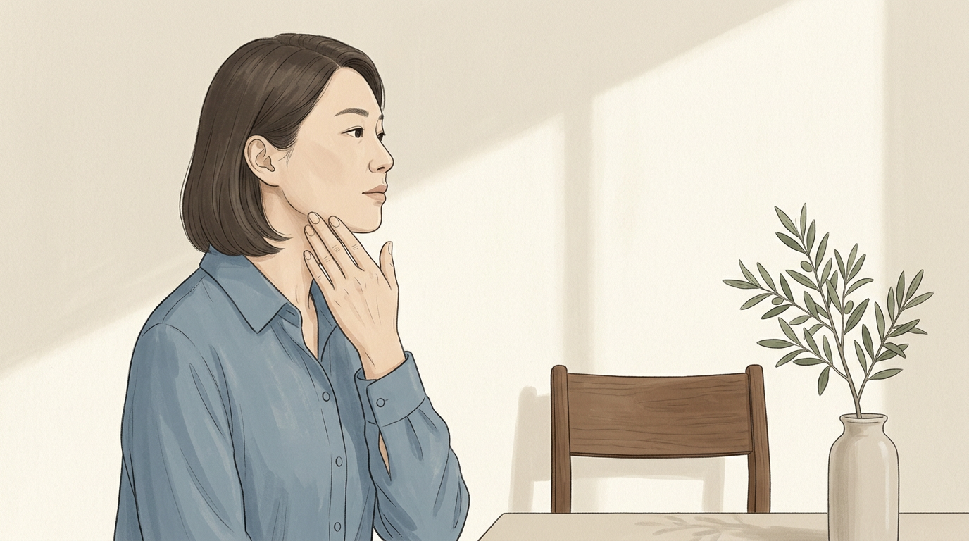 턱 아래와 목 주변의 고민 부위를 살펴보는 모습 일러스트