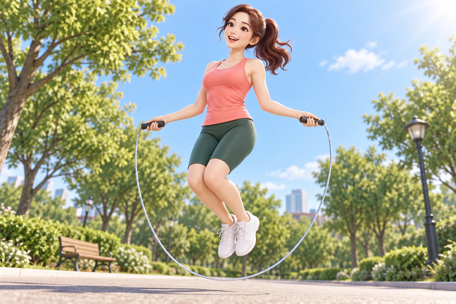 햇빛 드는 공원에서 줄넘기를 하는 여성을 표현한 3D 캐릭터 일러스트
