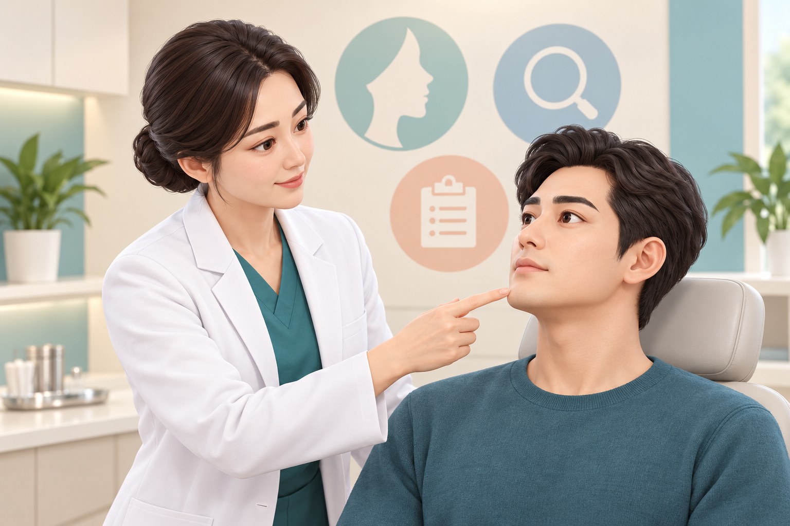 의료진이 남성 환자의 턱밑과 턱선 부위를 짚어 설명하는 상담 장면 3D 캐릭터 일러스트