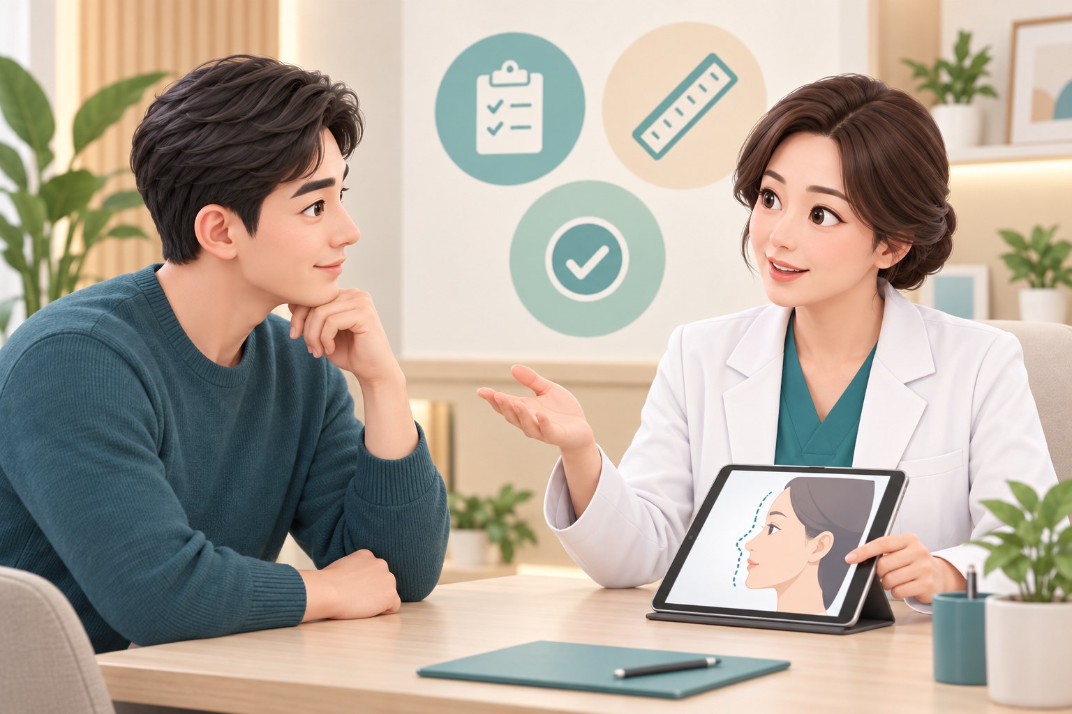 상담실에서 의료진이 남성 환자에게 피부 탄력과 지방층을 설명하는 3D 캐릭터 일러스트