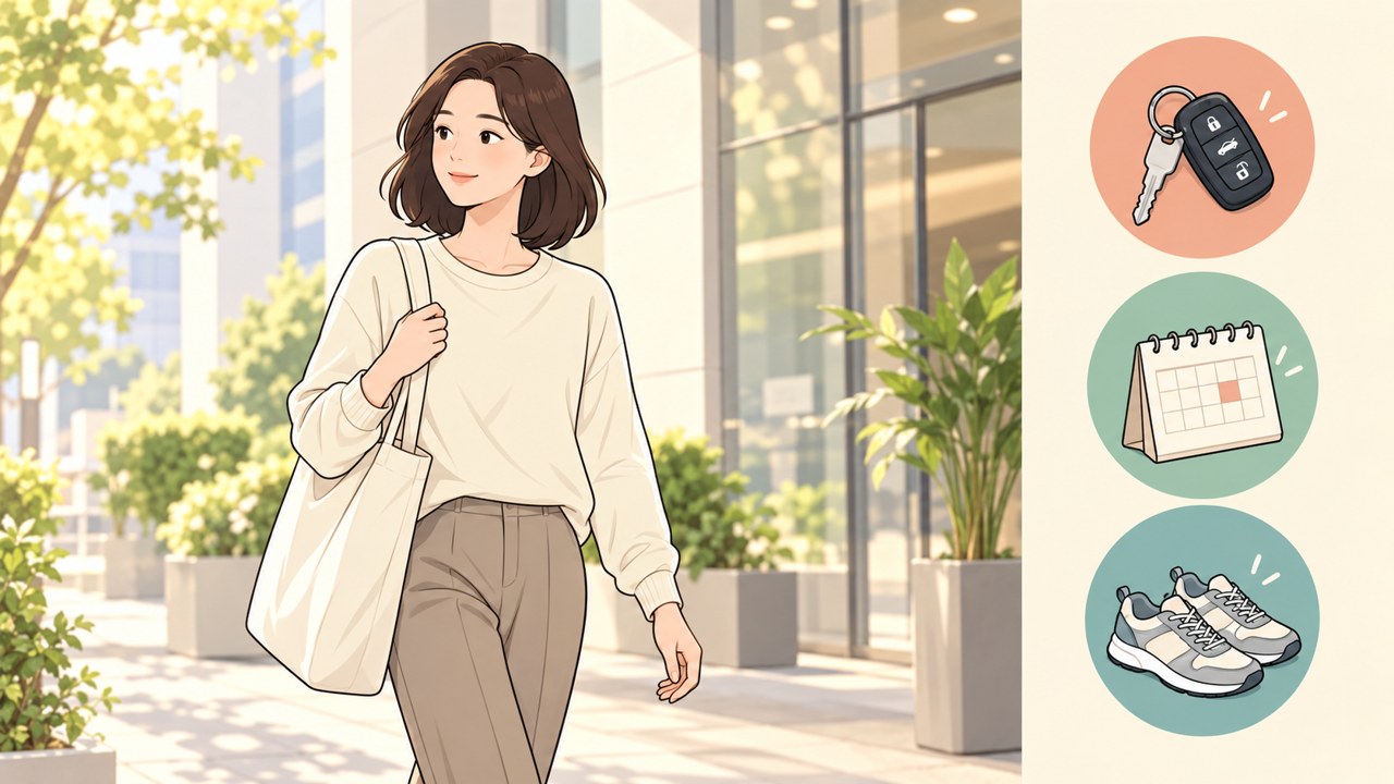팔뚝 지방흡입 후 일상 복귀를 표현한 일러스트 - 운전, 일정, 운동화 아이콘