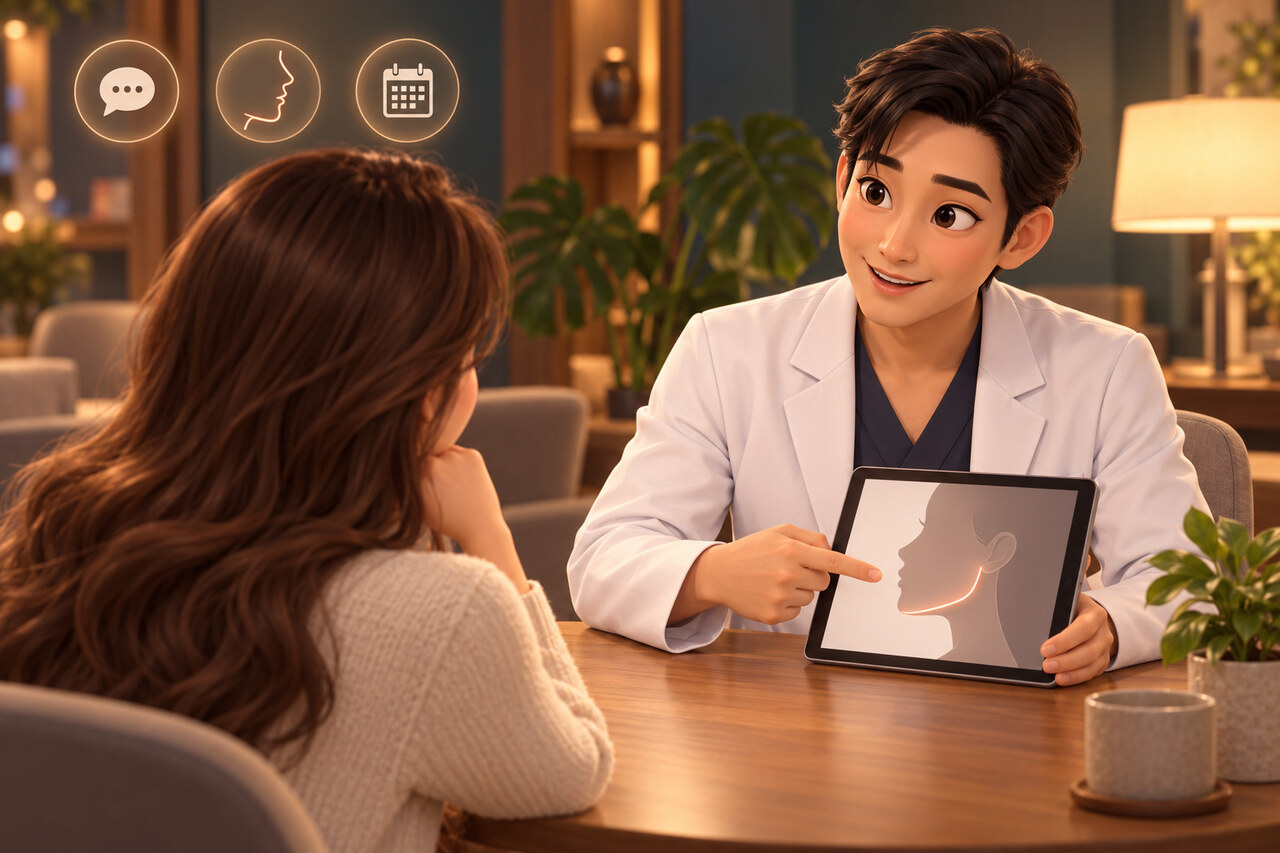 턱라인과 턱밑 지방을 화면으로 보며 상담하는 장면