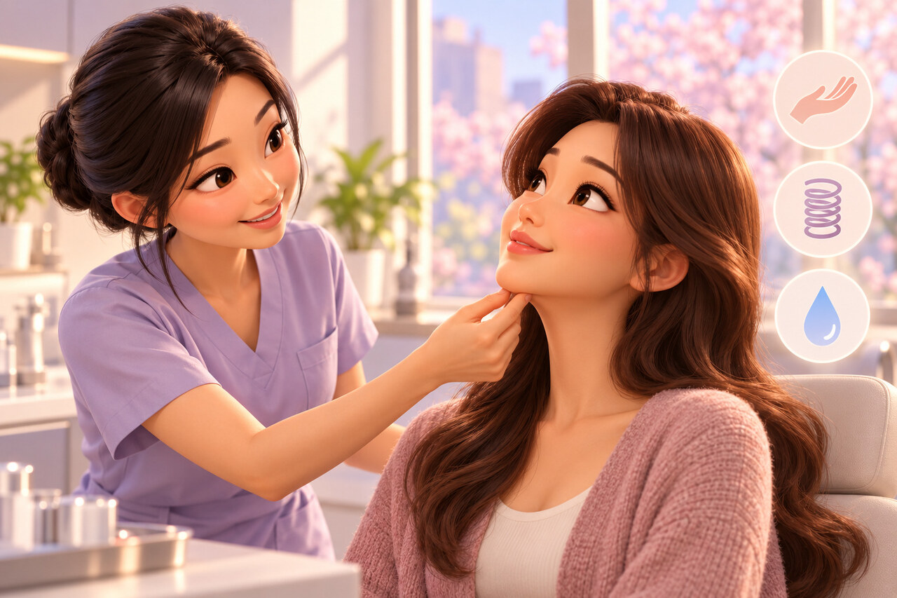 턱밑 피부를 손으로 집어 탄력을 확인하는 촉진 모습