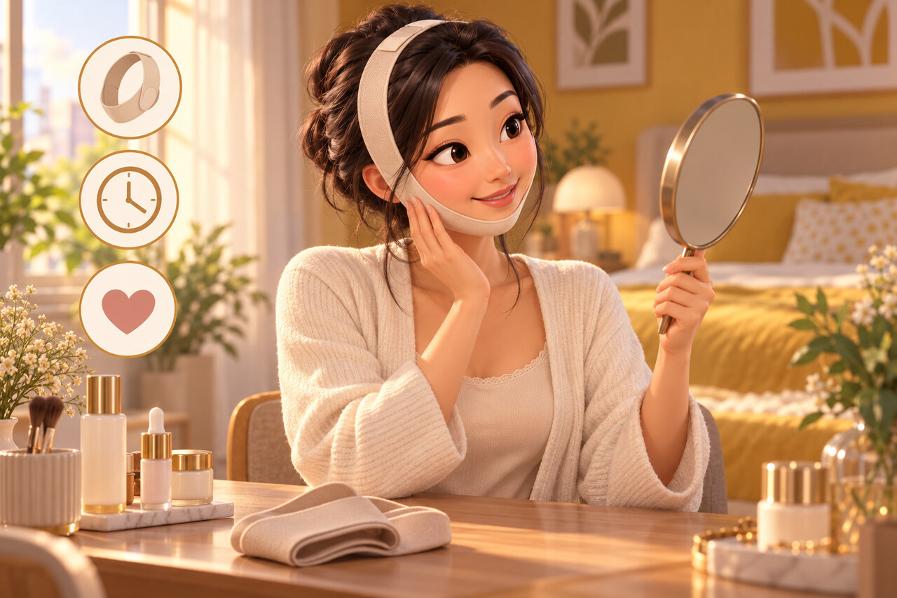 턱 압박밴드를 착용하고 거울을 보는 여성