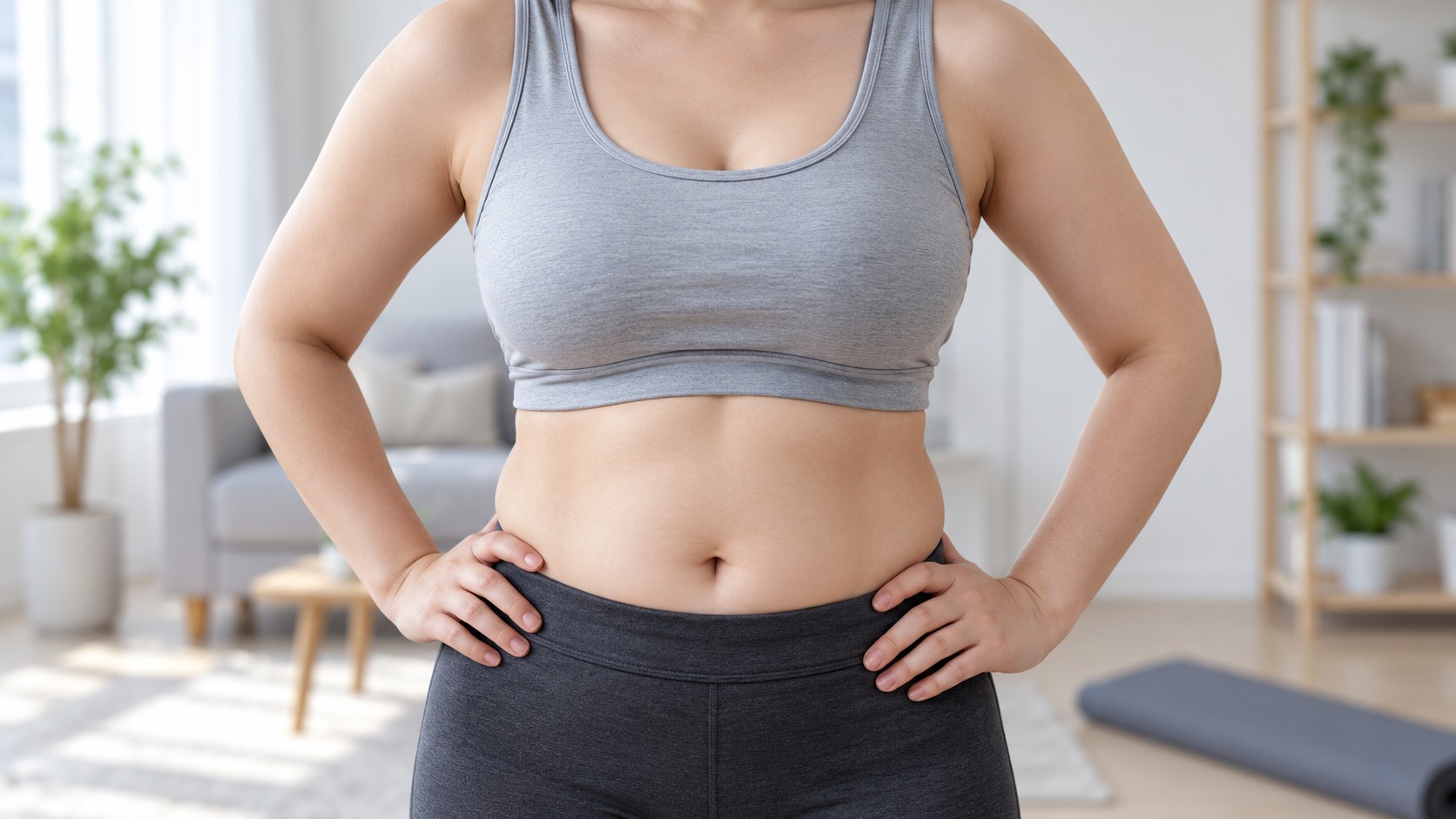 허리에 양손을 얹고 서 있는 여성의 복부 라인, 복부지방흡입 후 일상 관리를 떠올리게 하는 이미지