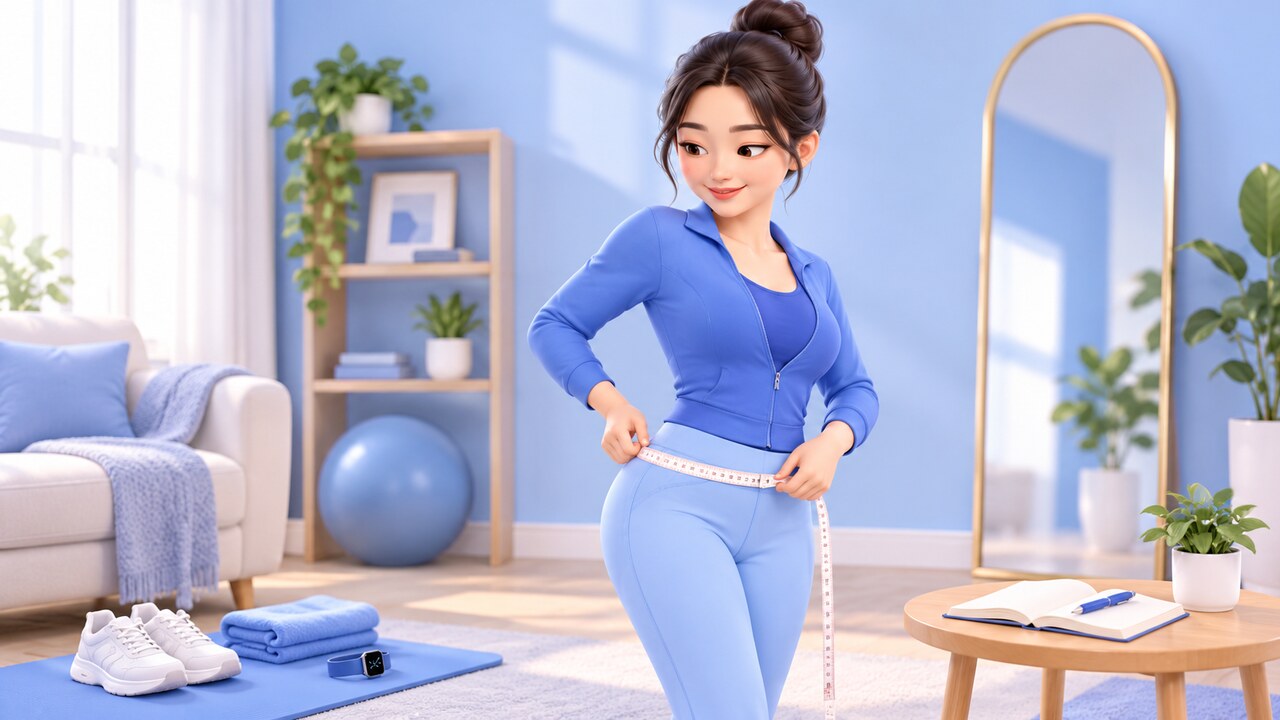줄자로 엉덩이 둘레를 재며 체형 변화를 기록하는 여성